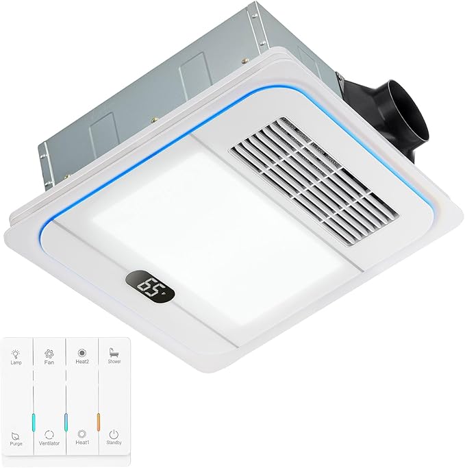 13.8 IN Bathroom Exhaust Fan with Light and Heater 1800W, 4 in 1 220 CFM Bathroom Exhaust Fan with Heater, 12W LED Light, Metal Housing 1.0 Sone with Heating, Ventilation, Remote Control by TOYOUSEA