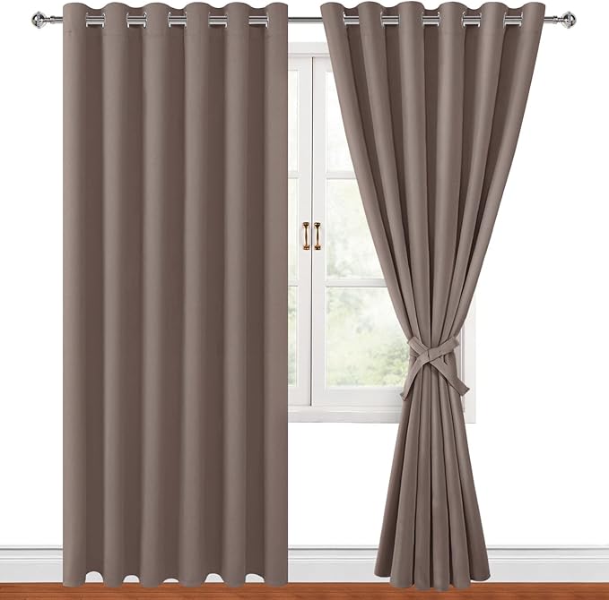 Hiasan Grommet Blackout Curtains for Bedroom, 70 x 84 Inches - Thermal Insulated & Light Blocking Window Drapes for Living Room/Dorm Room, Set of 2 Panels Sewn with Tiebacks, Tan by Hiasan