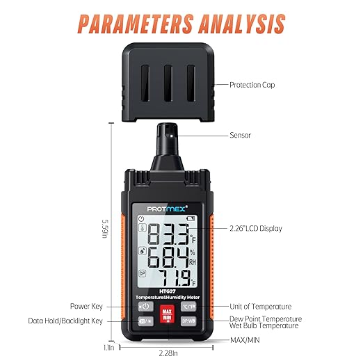 Protmex HT607 Temperature Humidity Meter High Precision Digital Hygrometer with Ambient, Relative Humidity, Dew Point, Wet Bulb Thermometer, Min/Max Hold, LCD Backlight with Cover Protector - Image 3