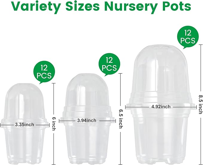 36 Packs 5/4/3.5 Inch Clear Nursery Pots with Humidity Domes, Transparent Plant Pots with Drainage Holes, Variety Pack Seedling Pots for Vegetable Propagation, Root Cutting, Seed Starting - Image 2