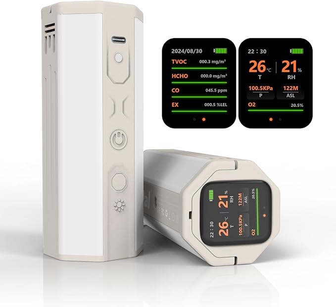 Portable Air Monitor, Lumopal Air Sensor with CO/TVOC/HCHO/EX/Humidity/Temp/Pressure Detector Indoor/Outdoor, VOC Meter CO Detector Gas Alert with 8000mah Long Lasting for Home Camping (White) by Lumopal