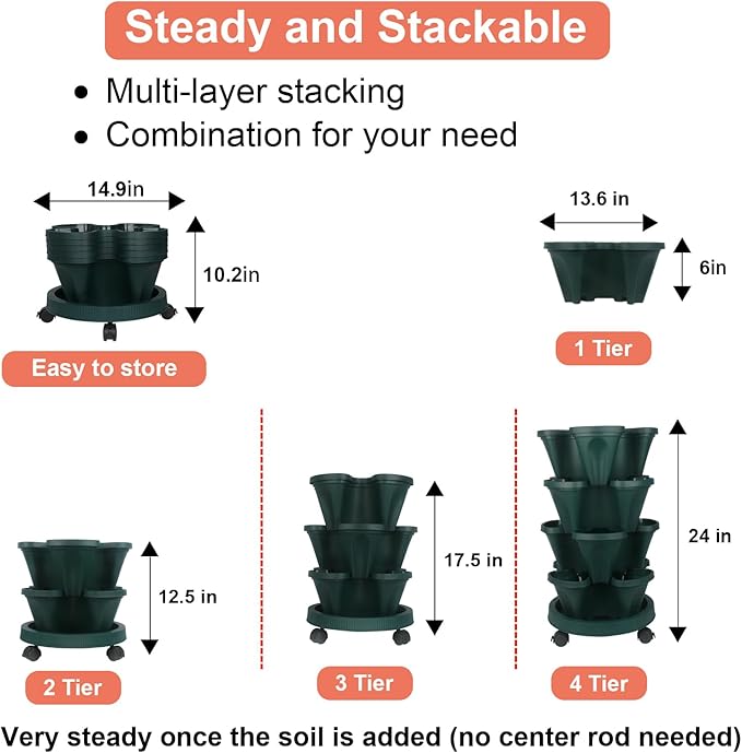 GameXcel Vertical Planter 4 Tier Stackable Planters Garden Planters Strawberry Herb Flower and Vegetable Planter Indoor Outdoor Gardening Pots with Removable Wheels and Tools - Image 7