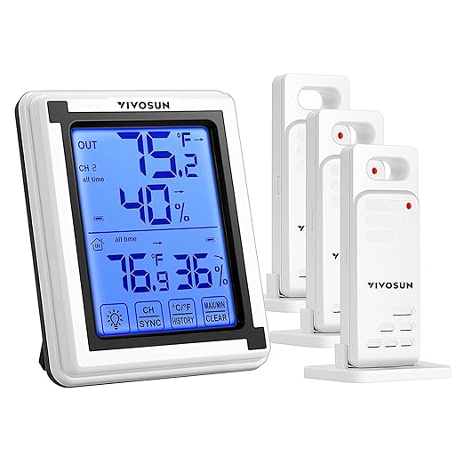 VIVOSUN Digital Thermometer and Hygrometer with 3 Remote Sensors, Indoor Outdoor Temperature and Humidity Monitor with Touchscreen LCD Backlight, 200ft/60m Range, Battery Included by VIVOSUN