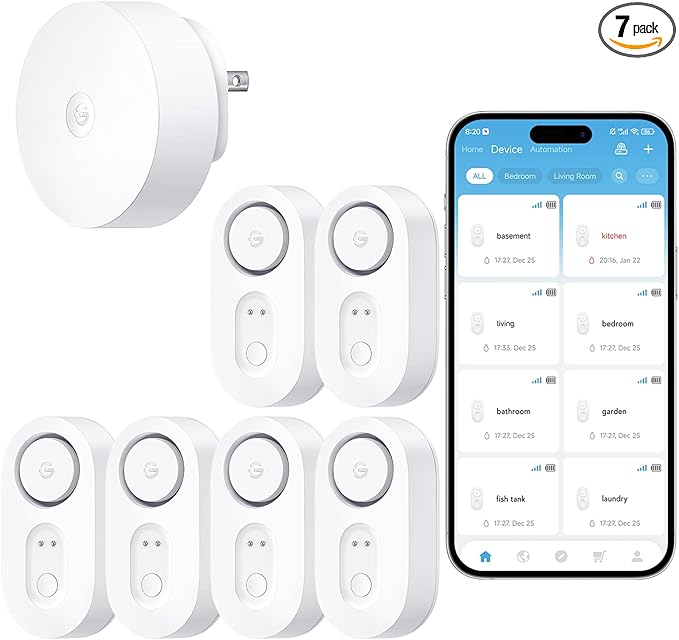 GoveeLife Upgraded Smart Water Leak Detector 1s with 1804ft Ultra-Long Range, WiFi Water Sensor with SMS/Email/APP Push and Sound Alarm, 5-Year Battery Life, Suit for Home, Basement, Kitchen, 6 Pack by GoveeLife
