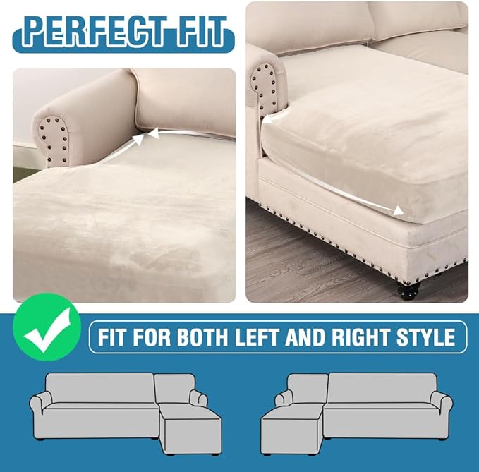 H.VERSAILTEX Velvet Stretch Individual Chaise Cover Sectional Couch Covers for L Shaped Sofa Both Left/Right Furniture Protector Seat Cushion Sofa Cover (1 Piece Chaise Cover, Ivory) - Image 6