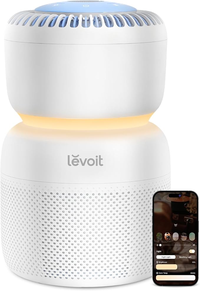 LEVOIT Air Purifier for Home Bedroom with HEPA Filter, White Noise Sound Machine and Blue Light-Free Night Light Support Better Sleep, AHAM VERIFIDE, 5 Air Quality Monitor, Smart WiFi, Sprout by Levoit