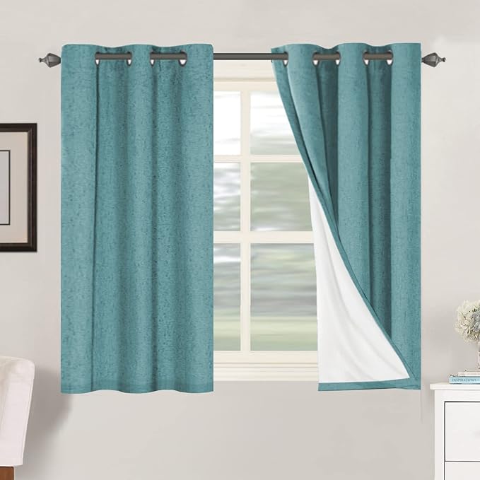H.VERSAILTEX Primitive Linen Curtains 100% Blackout Curtain Drapes Burlap Fabric Curtains with White Thermal Insulated Liner, Grommet Top Curtain Living Room/Bedroom (2 Panels, 42 x 45 Inch, Teal) by HVERSAILTEX