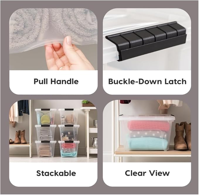 IRIS USA 32 Qt Stackable Plastic Storage Bins with Lids, 4 Pack - BPA-Free, Made in USA - See-Through Organizing Solution, Latches, Durable Nestable Containers, Secure Pull Handle - Clear - Image 3