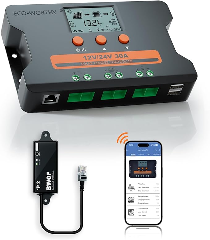 ECO-WORTHY Solar Charge Controller 30A with Bluetooth,WiFi, APP Remote Connection, Solar Panel Custom Battery Regulator, Dual USB Port Auto 12V/24V PWM for FLD/LiFePO4/SLD/GEL RV Solar System by ECO-WORTHY