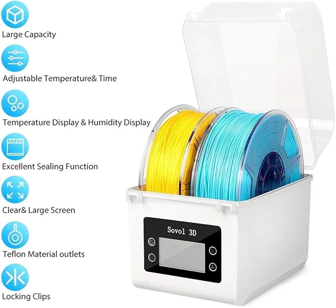 2 Rolls Filament Dehydrator Spool Holder Filaments Dry Box for 1.75mm, 2.85mm ABS PLA PETG TPU FDM Material 3D Printer Compatible with Sovol(UK Plug) - Image 2