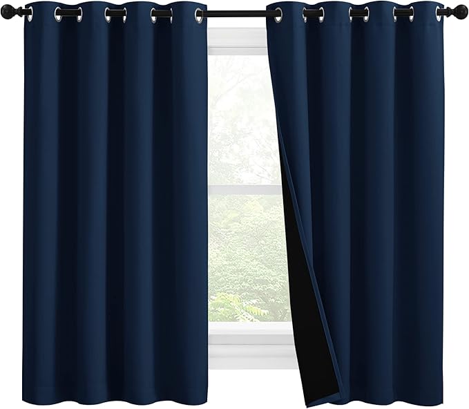 NICETOWN 100% Blackout Curtains with Black Liners, Thermal Insulated 2-Layer Lined Drapes, Energy Efficiency Small Window Draperies for Dining Room (Navy Blue, 2 Panels, 55 inches W by 57 inches L) by NICETOWN