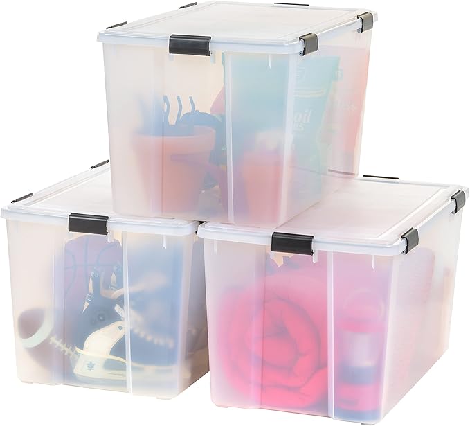 IRIS USA WeatherPro 156 Qt Storage Bins with Lids, 3 Pack, BPA-Free Plastic Gasket Box with Tight Latch and Seal, Stackable Nestable Tote Tub - Clear/Black by IRISUSA