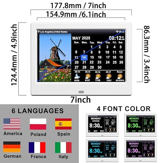 2025 New Digital Clock with Temperature/Humidity & Weather Forecast, Auto Time Sync Large Display, Custom Alarms & Medication Reminders, Ideal for Elderly(White, 7-Inch) - Image 4