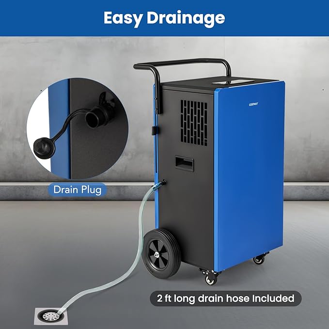 COSTWAY 215 Pint Commercial Dehumidifier, 8,000 Sq.Ft Industrial Dehumidifier with Drain Hose, 24H Timer & 4 Wheels, Ideal for Basement, Warehouse, Job Sites, Water Damage Restoration - Image 3