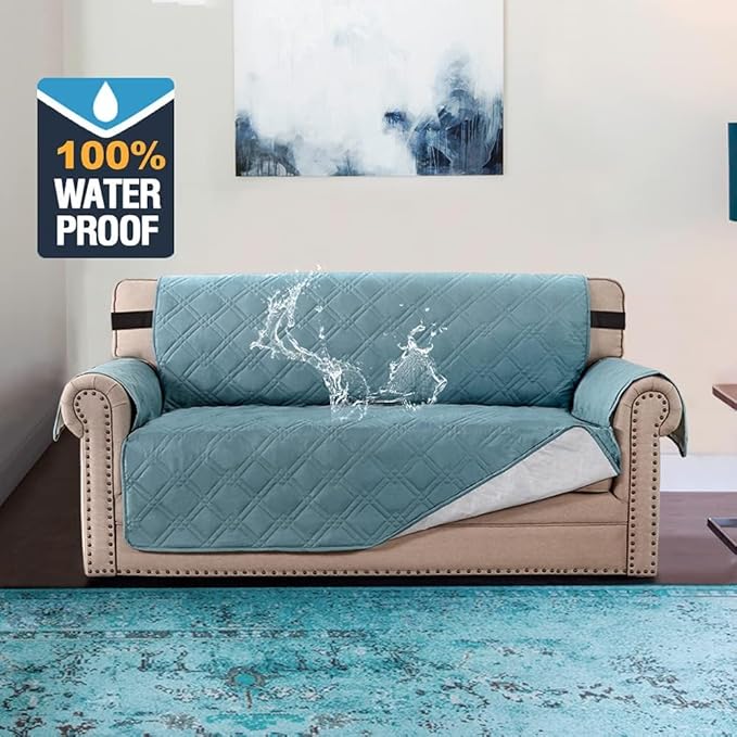 H.VERSAILTEX 100% Waterproof Sofa Slipcover Washable Loveseat Cover for 2 Cushion Cover Non-Slip Furniture Protector with Puppy Paw Silicone Backing Couch Cover for Pets Dogs (Loveseat, Stone Blue) - Image 2
