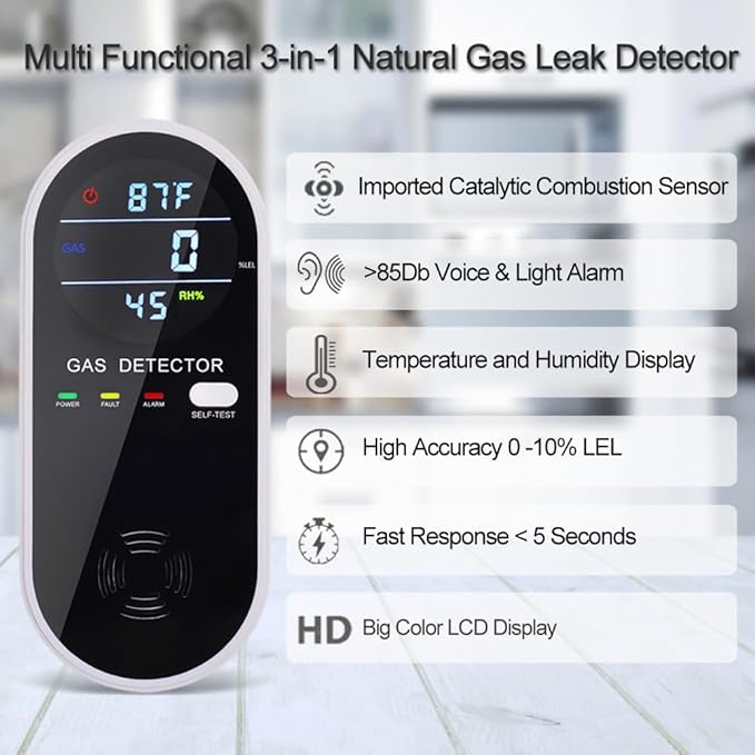 3-in-1 Combustible Gas Detector with Temperature and Humidity Display, Plug-in Portable Combustible Gas Leak Alarm，Natural Propane Gas Detector for Kitchen，Living Room，Bedroom. - Image 3