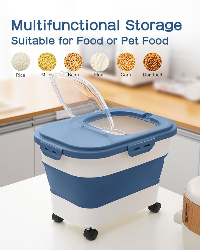 20-30 Lbs Rice Storage Container,Collapsible Food Storage Containers with Rolling Wheel Airtight Locking Lid,Flour Storage Container with Cup and Scoop,Suitable for Food,Rice,Pet Food,Flour - Image 7