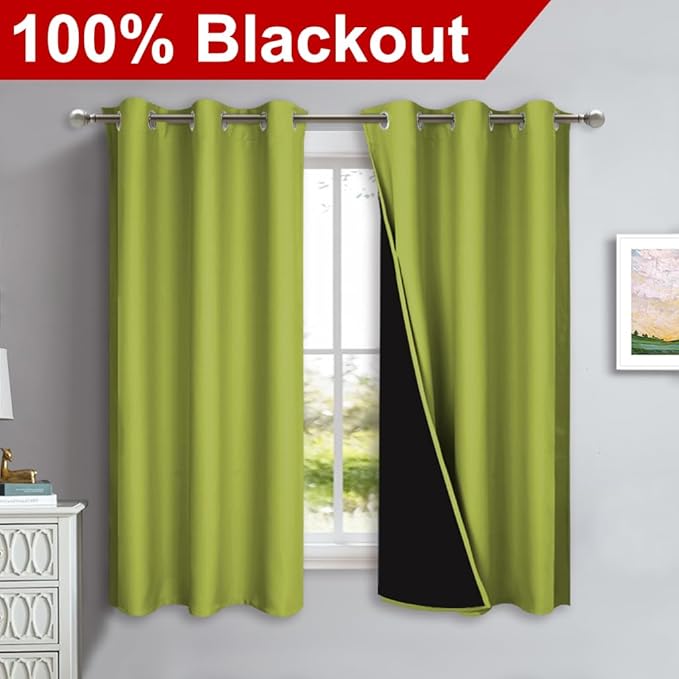 NICETOWN 100% Blackout Short Curtains with Black Liners, 2 Panels, 37" W by 50" L, Fresh Green, Solid Thermal Insulated Full Blackout 2-Layer Lined Drapes, Energy Efficiency Window Drapes for Bedroom - Image 2