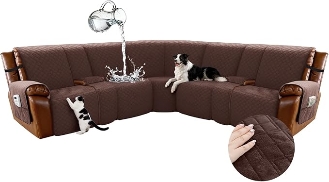 Arfntevss Waterproof Recliner Sectional Couch Covers for Reclining L Shape Sofa Cover Non Slip Washable L Shaped Slipcover Sets for Dog Furniture Protector (5 Seat with 2 Console Cover, Dark Brown) by Arfntevss