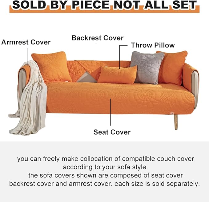 vctops Boho Circle Embroidery Couch Sofa Cover Solid Color Cotton Quilted Non-Slip Sectional Couch Covers Sofa Slipcover for Dogs, Children, Pets Furniture Protector (Orange,36"x82") - Image 6
