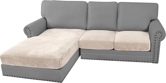 H.VERSAILTEX Velvet Stretch Sectional Couch Covers 3 Pieces Sofa Seat Cushion Covers L Shape Separate Cushion Couch Cover for Both Left/Right Sectional Couch (Large Sofa 2 Seater + 1 Chaise, Ivory) by HVERSAILTEX