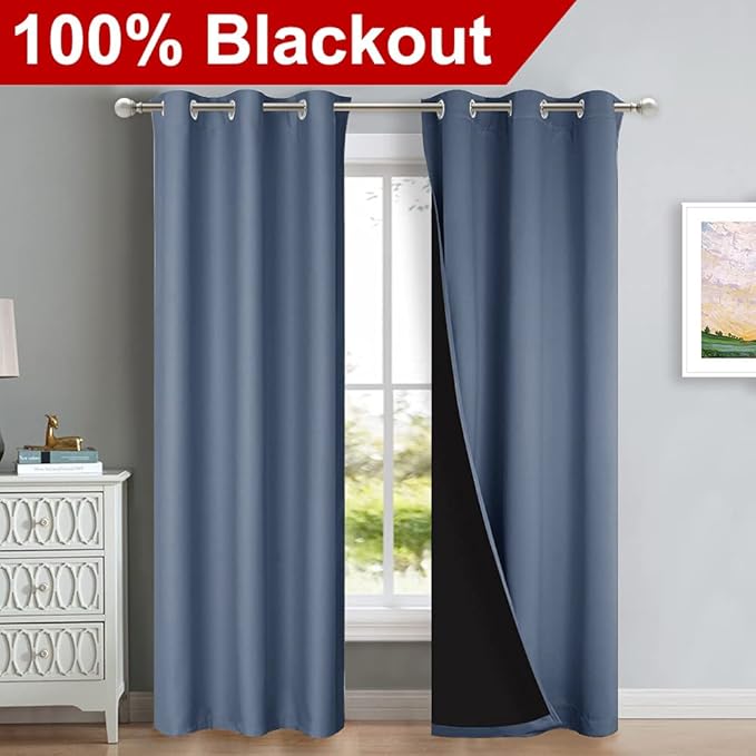 NICETOWN Blackout Curtains 80 inches Long, Full Light Blocking Drapes with Black Liner for Nursery, Thermal Insulated Draperies for Hall, Villa (Stone Blue, 2 Pieces, 42" Wide Each Panel) - Image 2
