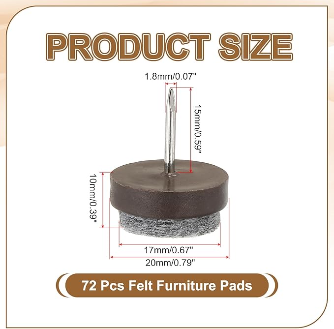 PATIKIL 20 mm Nail-on Felt Pads, 72 Pcs Round Felt Furniture Sliders Pads Heavy Duty Floor Protectors for Wooden Chair Sofa Cabinet Table Leg Feet Hardwood Floors, Brown - Image 2