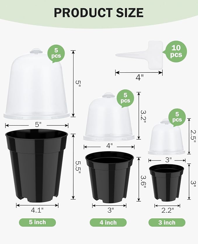 homenote Nursery Pots for Plants,3/4/5 Inch Plant Pot for Planting with Humidity Domes Plastic Seedling with Drainage Holes Seed Starter Flower with 10 Labels Black (15 Pack) - Image 4