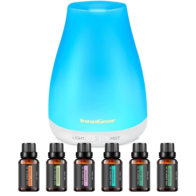InnoGear Essential Oil Diffuser with Oils, 100ml Aromatherapy Diffuser with 6 Essential Oils Set, Aroma Cool Mist Humidifier Gift Set, White by InnoGear