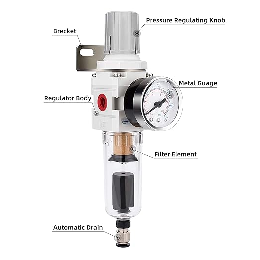 NANPU 1/4" NPT Compressed Air Filter Regulator Combo Piggyback, 5 Micron Brass Element, Poly Bowl, Semi-Auto Drain, Metal Bracket, 0-150 psi Gauge - Image 2