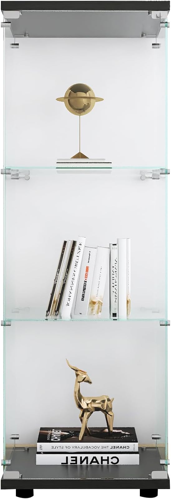 Yoluckea 3 Shelves Glass Display Cabinet with Door, Curio Collection Glass Display Case for Home Office, Floor Standing Bookshelf Corner Cabinet for Book Toys Glory (Black) - Image 9
