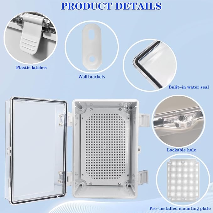 Waterproof Electrical Box Dustproof Junction Box Weatherproof IP67 ABS Plastic Enclosure Switch Router Project Box with Mounting Plate with Wall Bracket 2 Cable Glands Clear 11.8"x7.9"x6.7" - Image 3