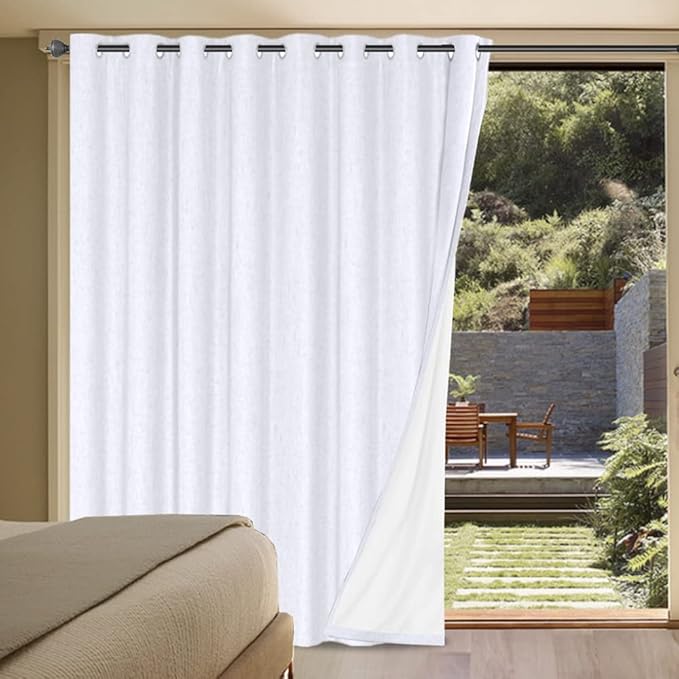 H.VERSAILTEX White Linen Blackout Curtains Durable Thick Textured Linen Look 100% Blackout Patio Door Curtain Anti Rust Grommet Extra Wide Sliding Door Curtain Panel, W100 x L84 inch- Bright White by HVERSAILTEX