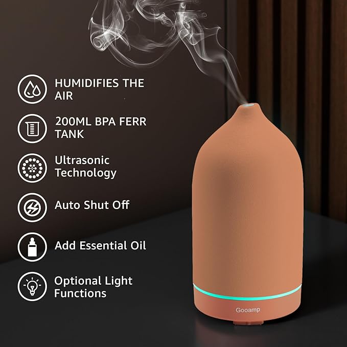 200ML Ceramic Essential Oil Diffuser - Ultrasonic Aromatherapy & Humidifier with 7-Color LED Lights, Auto Shut-Off, Brown, 1H/3H/6H Timer | Scent for Home,Office,Yoga - Image 3