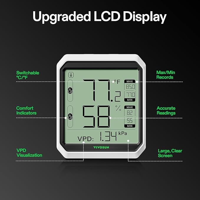 VIVOSUN AeroLab THB1 Wireless Bluetooth Hygrometer Thermometer Indoor, Smart Temperature Monitor, VPD, Digital Humidity Meter, LCD Remote Control & Alert, Data Storage, Dual Channels, Battery Included - Image 7