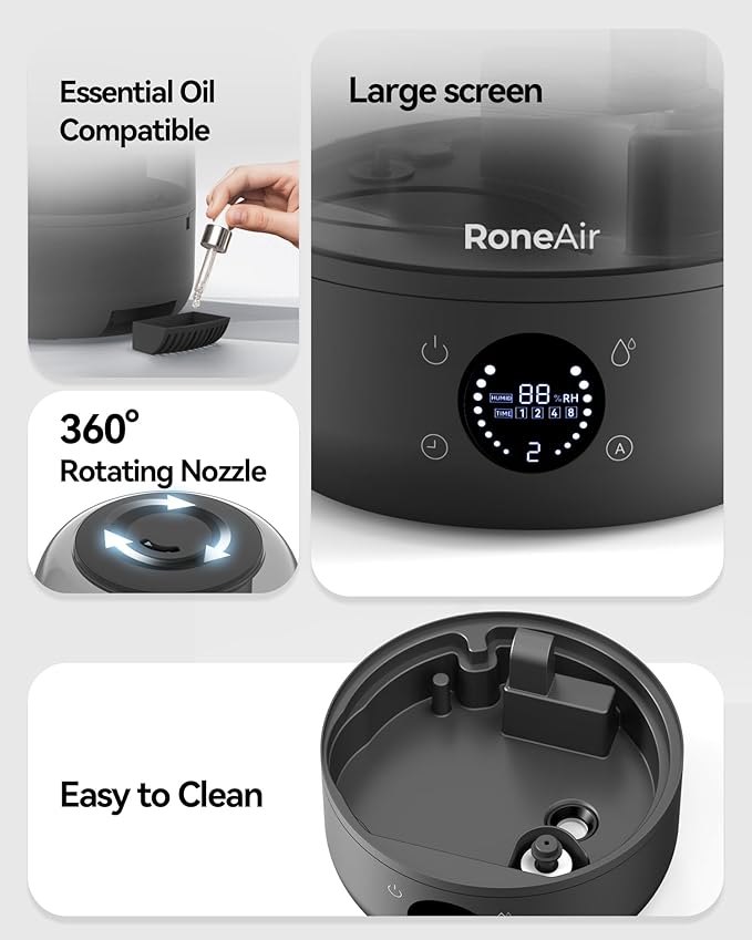 Humidifiers for Bedroom Large Room Home, 3L Cool Mist Humidifiers for Baby Nursery & Plants, Ultrasonic, Oil Diffuser, Timer, Auto Shut-Off, 360° Nozzle, 26dB Quiet, Automatic Mode - Image 6