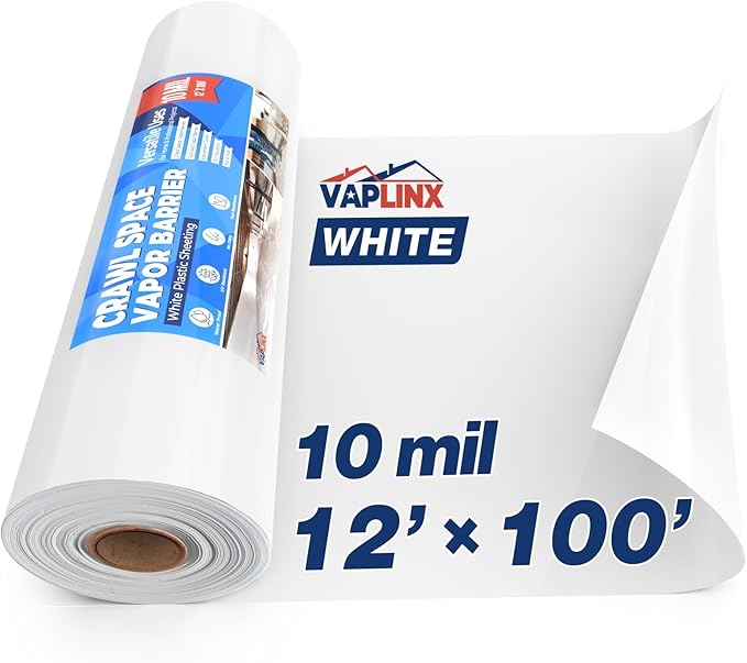 White Crawl Space Vapor Barrier, 10 Mil Vapor Barrier, 12' x 100', Heavy Duty Polyethylene Film, Thick Plastic Sheeting, Plastic Drop Cloth Covering for Crawlspace, Basement, White by VAPLINX