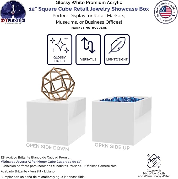 Marketing Holders 12” White Acrylic Display Box with One Open Side No Lid Versatile Square White Merchandise Storage Bin or Retail Product Riser No Assembly - Image 3