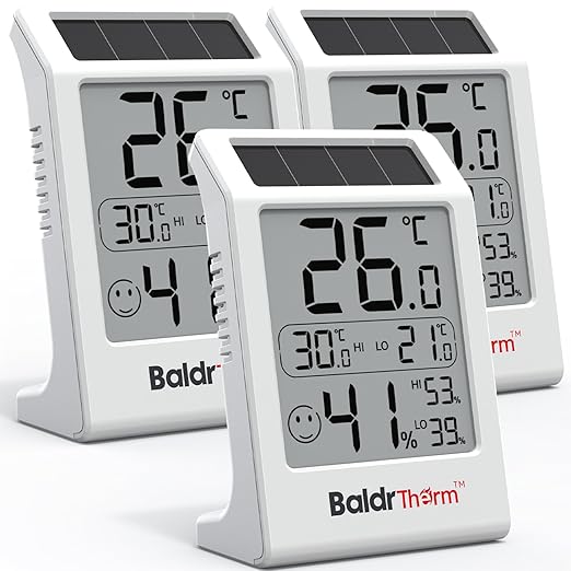 BaldrTherm Room Thermometer Indoor Humidity Meter, Solar-Powered 3.2'' Digital Temperature Sensor Monitor with Max/Min Reading, Comfort Indicator for Baby Room, Home, Office, White, 3Pack by BaldrTherm