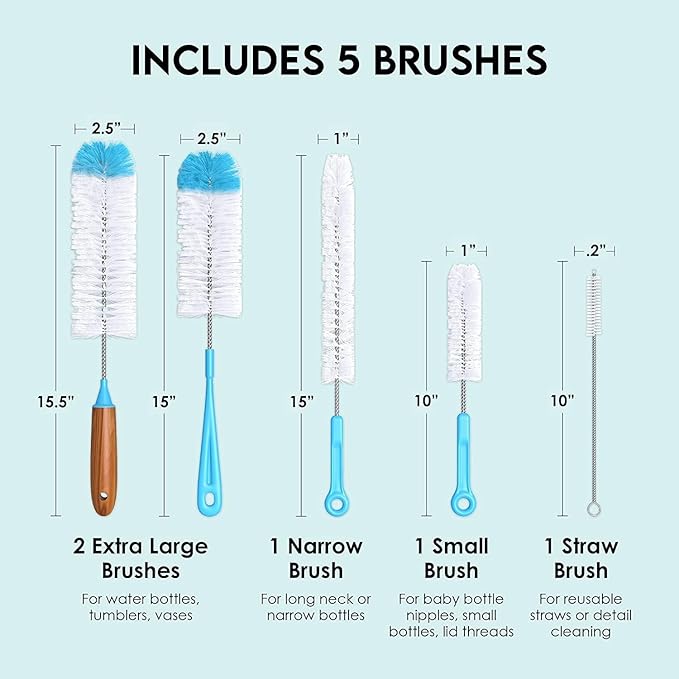 Turbo Microfiber Bottle Brush Cleaner Pack - Set of 5 Bottle Brushes for Cleaning Baby Bottles, Water Bottles, Tumblers, Wine Decanters, Flask, Bong, Vase Cleaner - One Straw Cleaner Brush - Image 3