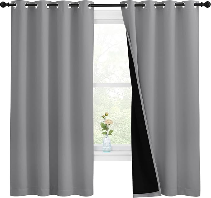 NICETOWN 100% Blackout Curtains with Black Liners, Thermal Insulated Full Blackout 2-Layer Lined Drapes, Energy Efficiency Window Draperies for Bedroom (Silver Grey, 2 Panels, 55-inch W by 68-inch L) by NICETOWN