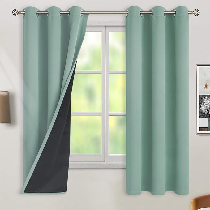 BGment Thermal Insulated 100% Blackout Curtains for Bedroom with Black Liner, Double Layer Full Room Darkening Noise Reducing Grommet Curtain (38 x 63 Inch, Frosty Green, 2 Panels) by BGment