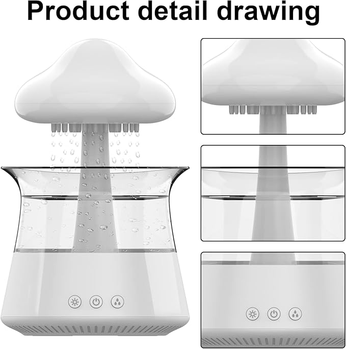 cjc Cloud Rain Humidifier for bedroom with Soothing Rain Sounds Sleep Aid, Waterfall Night Light, Mushroom Design Air Moisturizer，Room Decor Aesthetic for living room (White) - Image 3