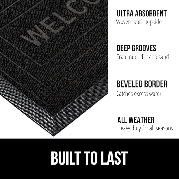 GORILLA GRIP 100% Waterproof All-Season WeatherMax Doormat, 47x35, US Designed Natural Rubber, Stain and Fade Resistant, Low Profile Indoor Outdoor Door Mats, Easy Clean Patio Mat, Black Welcome - Image 2