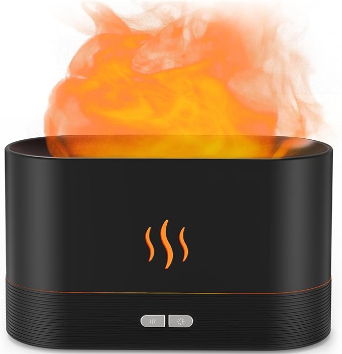 Essential Oil Diffuser, Flame Air Humidifier with Fire Led Light - 2 Rightness, 180mL Capacity (8 Hours), Auto-Off Protection Air Diffuser for Home Bedroom Office Gifts(Black) by PIZAY