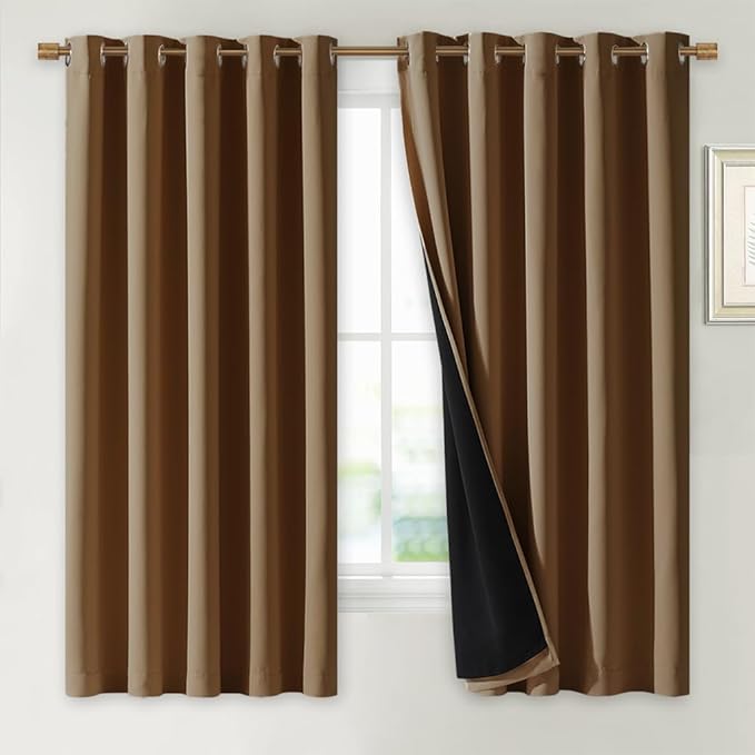 NICETOWN 100% Blackout Curtains with Black Liners, Gold Brown, 2 Panels, 62-inch W by 63-inch L, Thermal Insulated Full Blackout 2-Layer Lined Drapes, Energy Efficiency Window Draperies for Bedroom by NICETOWN