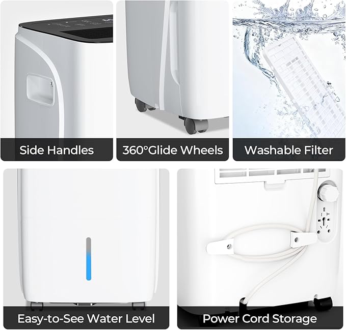 Max 120 Pint Dehumidifiers for Medium/Large Rooms, Bedrooms & Bathrooms & Basement, Custom Humidity Control, 43dB Quiet, 3 Modes, Home Dehumidifier with Drain Hose & 1.06 Gal Water Tank - Image 8