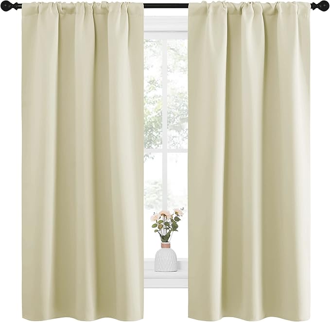 NICETOWN Bedroom Curtains for Kids Room, Window Treatment Thermal Insulated Solid Room Darkening Drape Panels for Girls Room (Beige, Set of 2, 34 inches Width by 63 inches Length) - Image 2