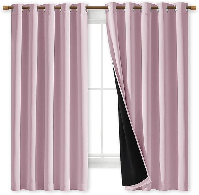 NICETOWN 100% Blackout Lined Curtains, Baby Pink, 1 Pair, 62" Width x 63" Length Each Panel, 2 Thick Layers Completely Blackout Window Treatment Thermal Insulated Drapes for Kitchen/Bedroom - Image 2