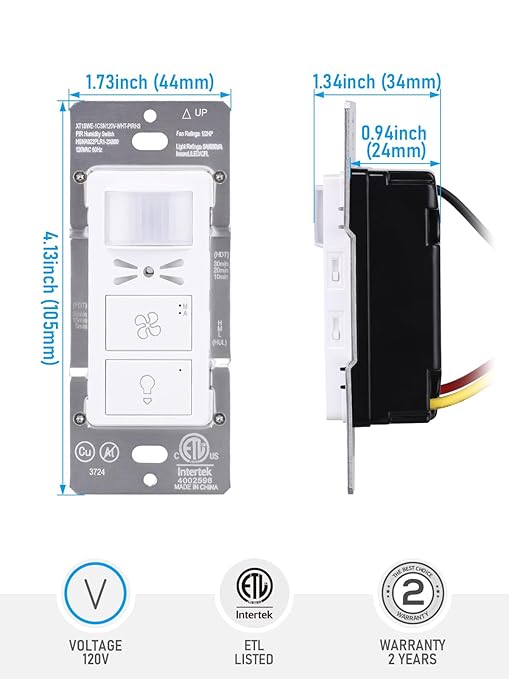TORCHSTAR Humidity Sensor Switch with PIR Motion Detection, Adjustable Timing, Moisture Control, Automatic Fan & Light Control for Bathrooms Basements, Single Pole, 1/2 HP, White, ETL Certified - Image 7